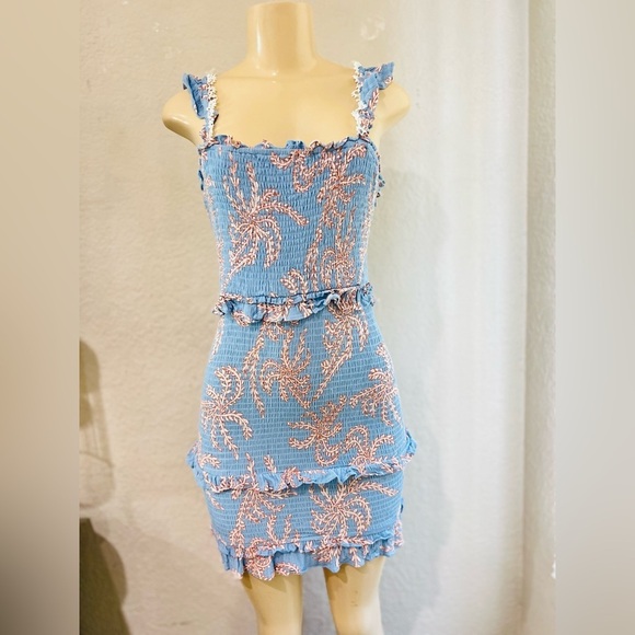 SAINTS & SECRETS
Soleil Ruffle Strap Shirred Dress Leaf Print Blue size med - Picture 10 of 15